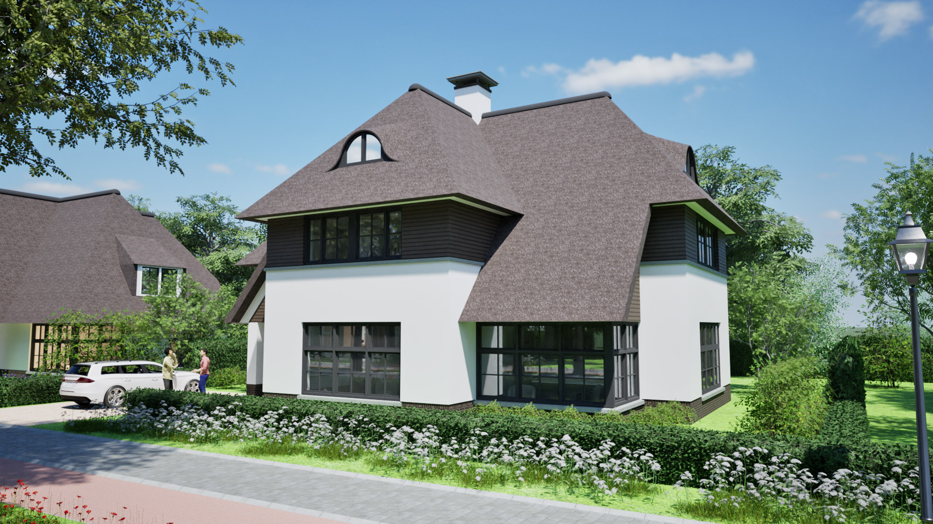 Visualisatie van een kavelbouwwoning ontworpen door Harmonische Architectuur in traditionele stijl, met aandacht voor detail en omgeving.